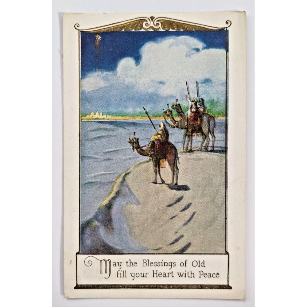 Antique Christmas Greetings Postcard Three Wise Men on Camels Religious Scene